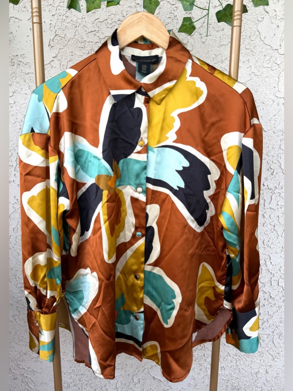 House of Harlow 1960 Brown Teal Mustard Floral Satin Blouse